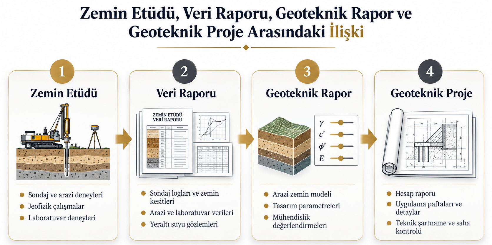 Zemin etüdü, Veri Raporu, Geoteknik Rapor ve geoteknik proje arasındaki ilişki